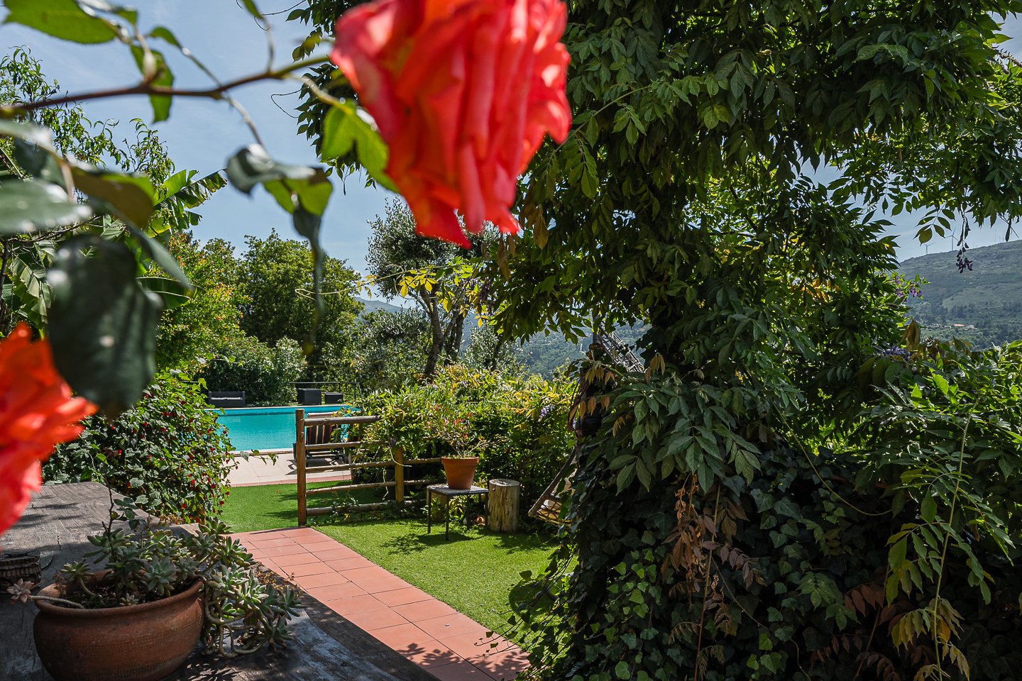 Piscina rodeada por flores